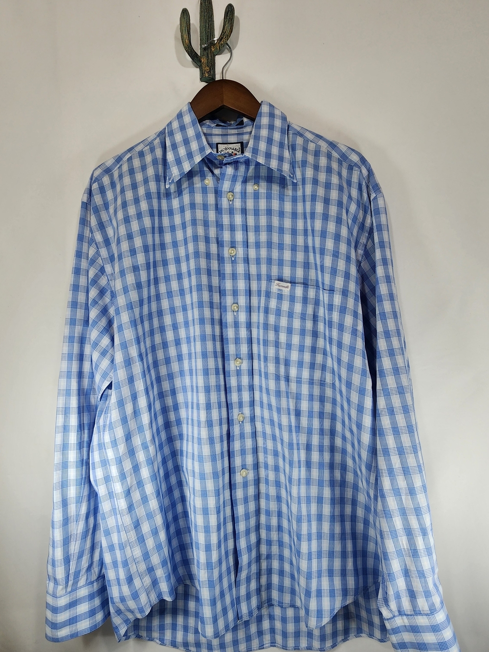 Façonnable Men’s Large Blue White Plaid Button Down Shirt Long Sleeve
